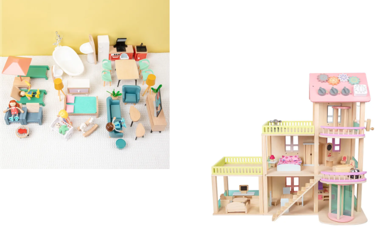 Bundle of Giant Wooden Dollhouse with Furniture and Handcrafted Wooden Dollhouse Furniture Set